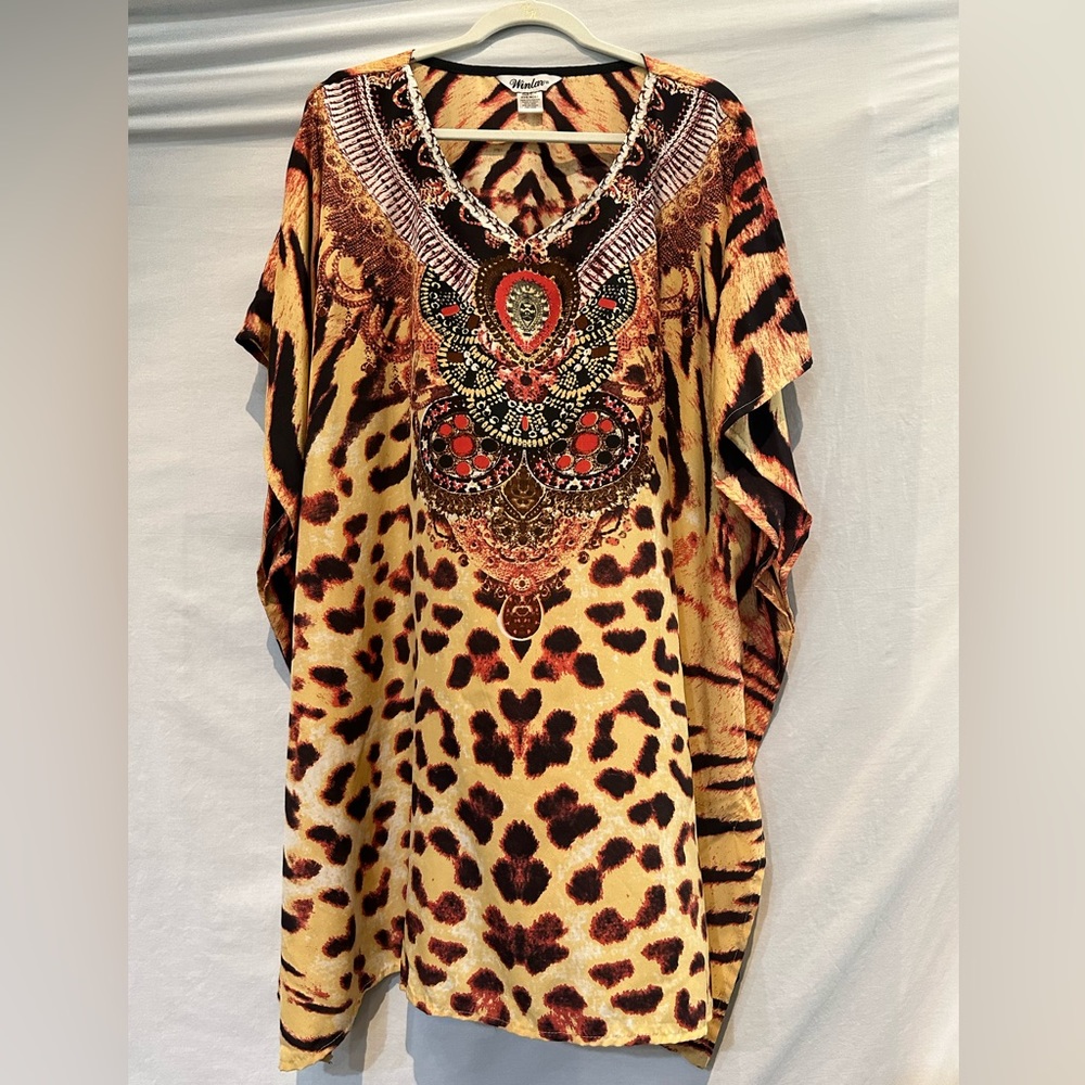 NWOT - Winlar Mid-Length V-Neck Animal Print (Tiger/Leopard) Kaftan - OS - Picture 2 of 6